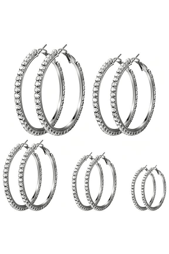 5 Pairs Rhinestone Hoop Earrings Set for Women,Sparkly Crystal Round Hoops 3-7 Cm Sizes,Lightweight Large Statement Jewelry for Party Wedding Prom Night Date Outfit Accessories Gift