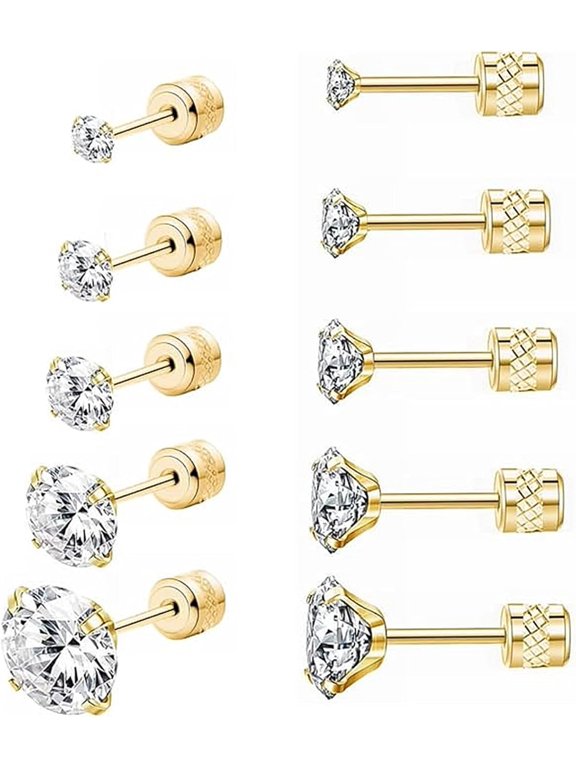 5 Pairs Screw Back Stud Earrings,Hypoallergenic Stainless Steel Cubic Zirconia Double Sided Ear Ringing for Women Men Cartilage Tragus Earring 2-6mm