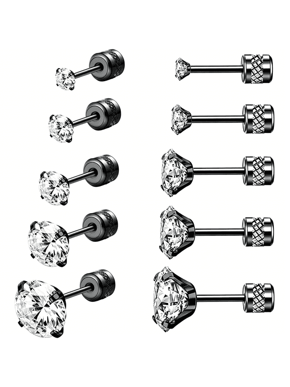 5 Pairs Screw Back Stud Earrings,Hypoallergenic Stainless Steel Cubic Zirconia Double Sided Ear Ringing for Women Men Cartilage Tragus Earring 2-6Mm