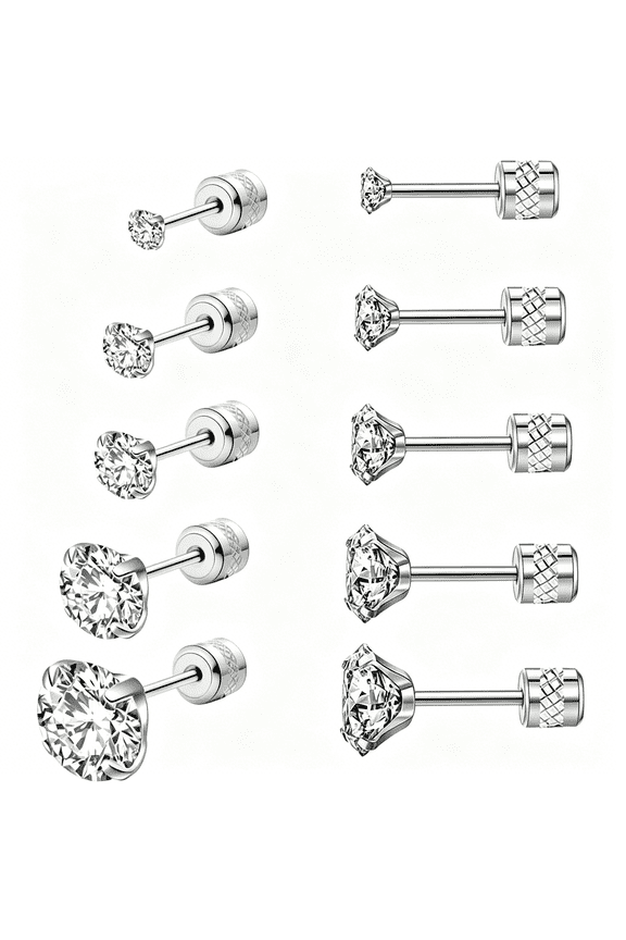 5 Pairs Screw Back Stud Earrings,Hypoallergenic Stainless Steel Cubic Zirconia Double Sided Ear Ringing for Women Men Cartilage Tragus Earring 2-6Mm