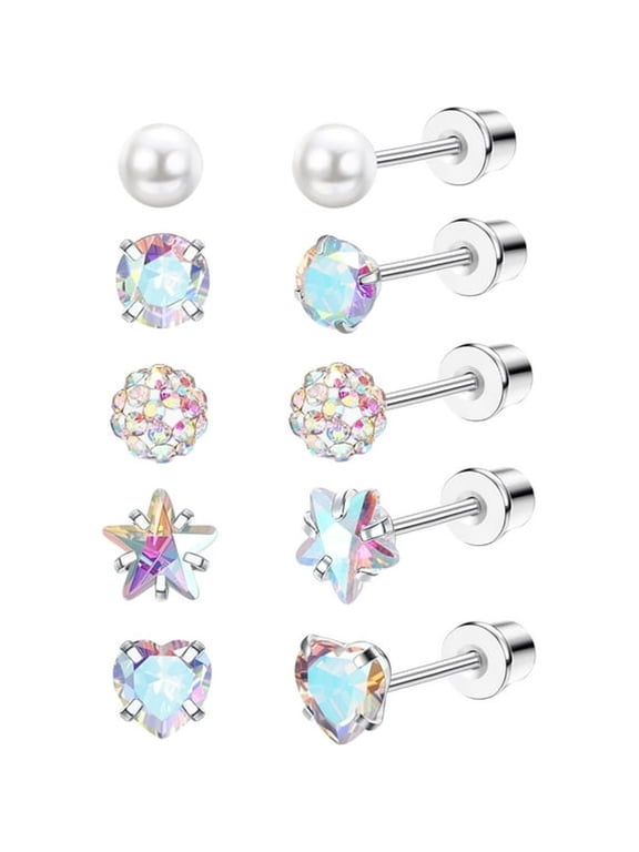 5 Pairs Titanium Screw Back Earrings Set for Women,20G Hypoallergenic Pure Titanium Stud Earrings for Sensitive Ear
