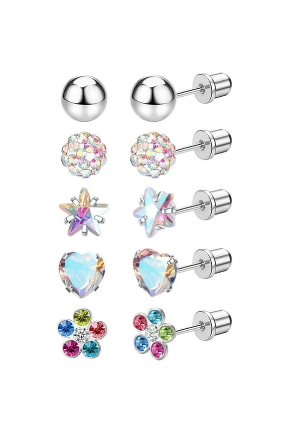 5 Pairs Titanium Screw Back Earrings for Women Hypoallergenic Screwback Earrings for Sensitive Ears Pearl Heart Star Flower Cz 20G Pure Titanium Earrings Studs