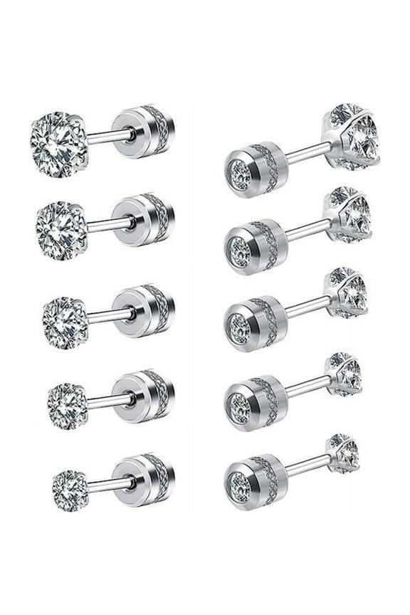 5 Pairs Titanium Screw Back Stud Earrings Set Round Cubic Zirconia Earrings for Women Men,Silver