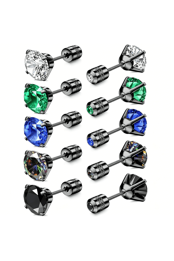 5 Pairs Titanium Screw Back Surgical Stainless Steel Stud Earrings for Women Men, Rainbow 5A Cubic Zirconia Sleep Hypoallergenic Stud for Sensitive Ears