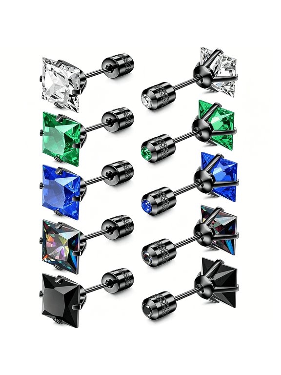5 Pairs Titanium Screw Back Surgical Stainless Steel Stud Earrings for Women Men,Rainbow 5A Cubic Zirconia Sleep Hypoallergenic Stud for Sensitive Ears