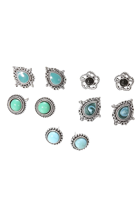 5 Pairs Turquoise Stud Earrings Small Geometric Oval Round Flower Earrings Gemstone Cut Shape Square Studs Turquoise Jewelry