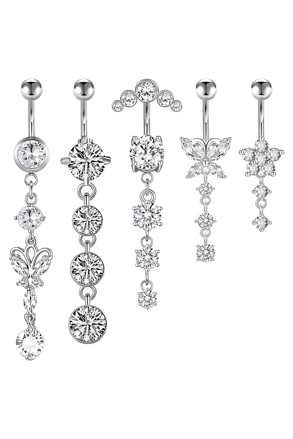 5 Pcs Dangle Belly Button Rings,14G Belly Rings,Stainless Steel Belly Button Piercing Cute Belly Button Rings,Silver