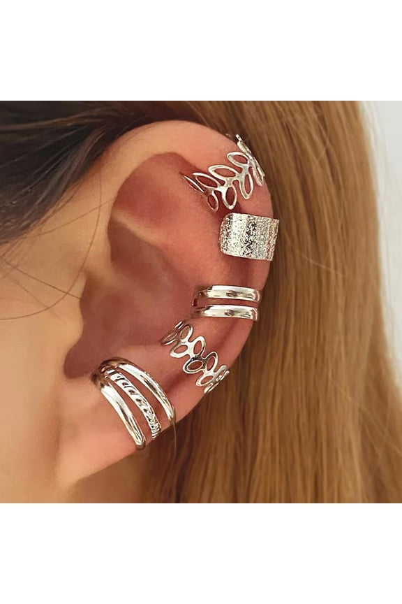 5 Pcs Diverse Gold/Silver -Tone Ear Cuff Earrings Set-Silver Ear Cuffs