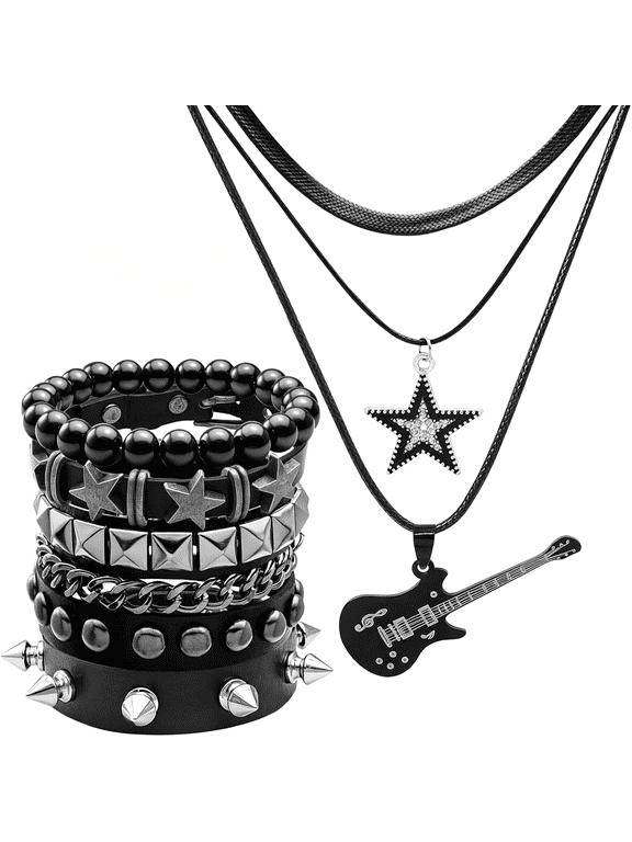 5 Pcs Layered Star Grunge Emo Studded Bracelets Goth Necklace Set for Women Men Y2K Star Guitar Gothic Choker Punk Rock Spiked Leather Bracelets 80S Emo Accessories Y2K Goth Jewelry Gifts