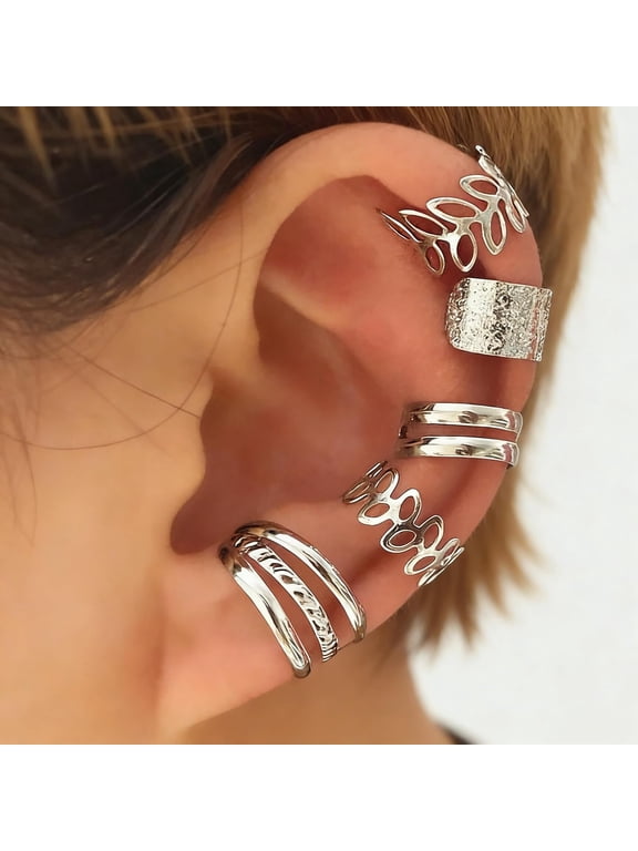 5 Pcs Non Piercing Ear Cuffs Set for Women,Adjustable Clip on Cartilage Earrings,Trendy Stackable Fake Jewelry for Multiple Ear Piercing Look,Silvery