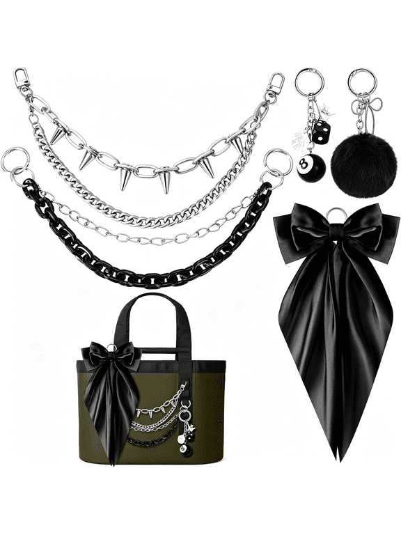 5 Pcs Tote Bag Accessories Set for Women,Punk Bag Charms Decorative Bow Chain Charms &Amp; Lucky 8 Ball Keychain Charms,Compatible with 20/35/50 Carryall,Beach Tote Bags