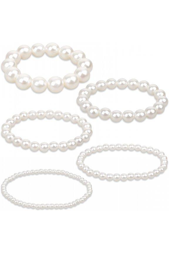 5 Pcs White Pearl Bracelets for Women, White Stretch Bridesmaid Pearl Bracelets Bridal Wedding Elastic Bracelets Stackable Faux Pearl Bracelets for Lady Pearl Beaded Bracelets