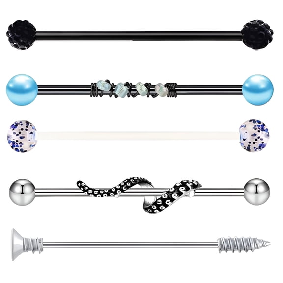 DESIGNICE 5 Pieces Industrial Barbell Earrings,Industrial Piercing Bar,38mm Body Piercing Jewelry,Industrial Piercing Jewelry