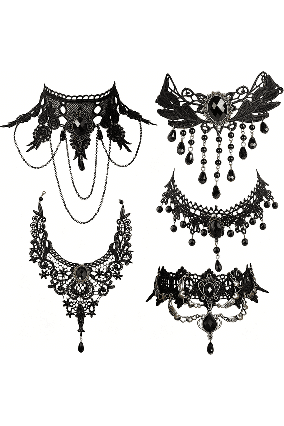 5 Pieces/Set Halloween Sexy Jewelry Women Lady Elegant Goth Gothic Steampunk Lace Choker Necklace Black Neck Chain Collar Statement with Pendant Victorian Wedding Party Cosplay