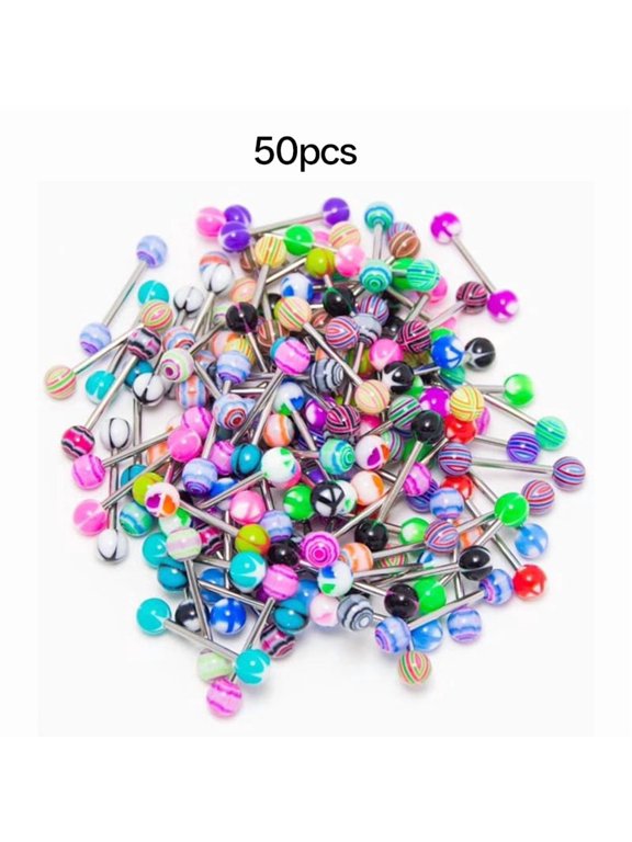 50 Pcs Stainless Steel Tongue Ring Bars, Colorful Ball Barbell Piercing Jewelry, Fashion Body Piercings For Daily Wear And Parties