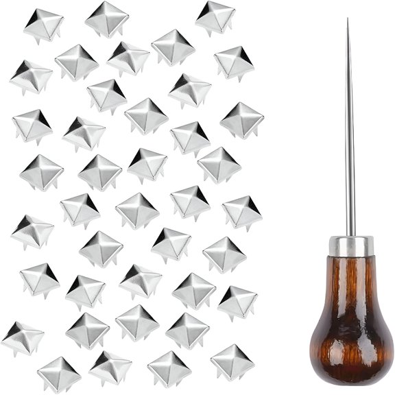 DESIGNICE 500 Pieces 10 mm Square Pyramid Studs for Clothing Bag Leather Shoes Punk Rock Jewelry Craft,4 Prong Metal Nailhead Studs Spikes Accessories with Awl (Silver)