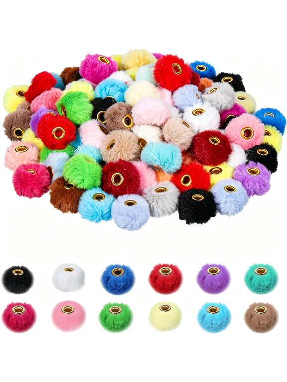50Pcs Fur Pom Poms Beads,Mixed Color Soft Fluffy Faux Beads Beadable Craft Bead for Diy Pens Earrings Keychains Bracelets Jewelry Making Garland Headband Gifts Accessories