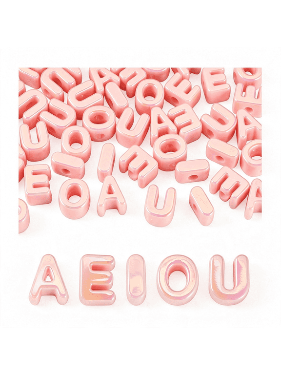 50Pcs Pink Acrylic Large Letter Beads 3D Big Bubble Vowel Beads Opaque Chunky Initial Alphabet Bead for Keychains Paracord Necklace Jewelry Making Bag Charm