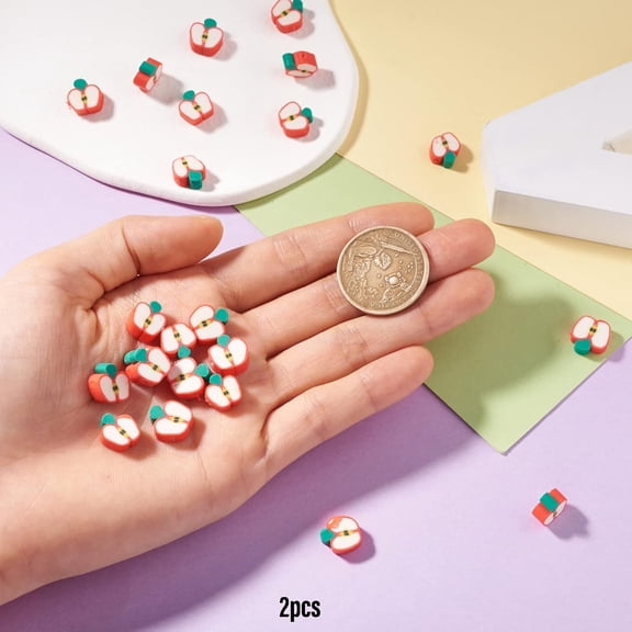 DESIGNICE 50Pcs Red for Apple Handmade Polymer Clay Beads Slice Shape Loose Beads,Fruit Theme Spacer Beads for Diy Bracelet Necklace Earring Charm Hole Bead Assortments and Accessory Making(1.6Mm)