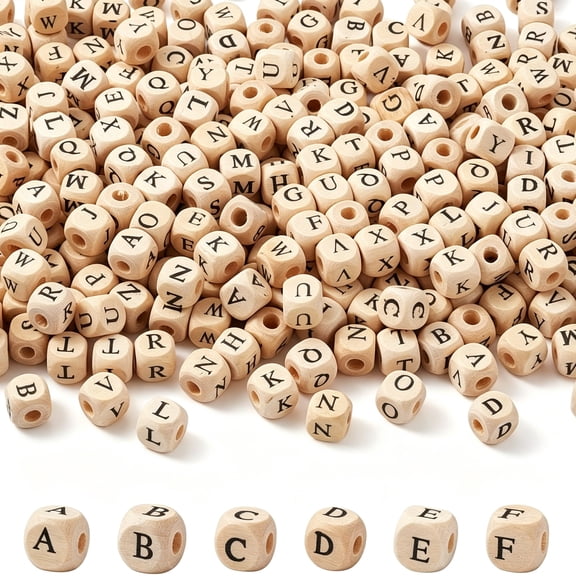 DESIGNICE 520pcs/bag Cube Wood Beads with Initial 26 Letters 10mm Natural Square Alphabet Wooden Loose Beads for Jewelry DIY Crafts Making