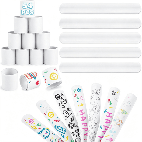DESIGNICE 54Pcs White Slap Bracelets,Party Snap Bracelets Bulk Diy Crafts,Birthday Party Favors,Classroom Prizes Treasure Box,Diy Crafts,Birthday Goodie Bags Stuffers Fillers