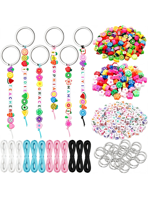564 Pcs Fruit Keychain Making Kit Diy Name Bead Key Chain Craft|Summer Fruit Beads Crafts,Party Favor,Adjustable Letter Bead Charm,Alphabet Letter Bead,Backpack Jewelry Accessories