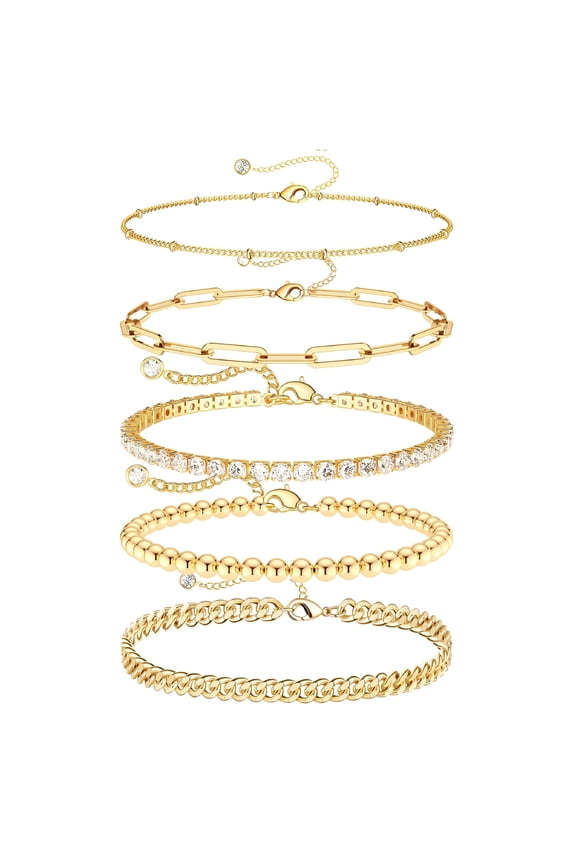 5PCS 14K Gold Ankle Bracelets for Women Waterproof Layered Cuban Link Chain Anklet