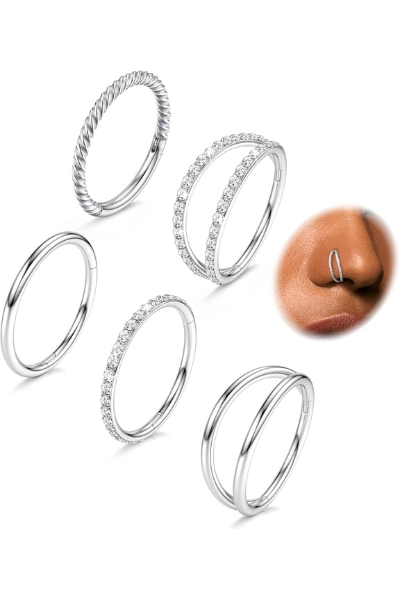 5Pcs 18G 16G Surgical Steel Nose Rings Hoop for Women Cz Clicker Hinged Septum Ring Lip Cartilage Double Hoop Earring Daith Rook Conch Body Piercing Jewelry for Women 8Mm 10Mm