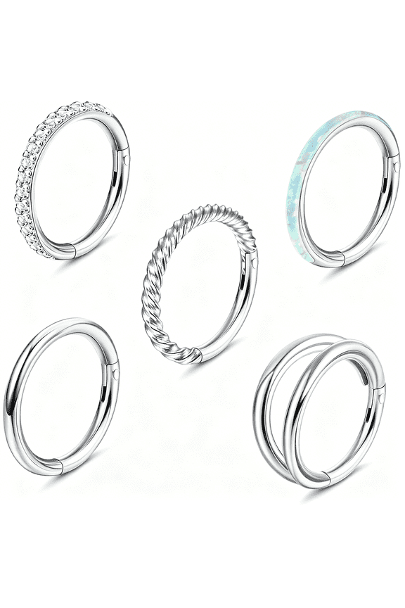 5Pcs 18G 16G Surgical Steel Nose Rings Hoop for Women Opal Cz Clicker Hinged Septum Nose Ring Lip Helix Cartilage Hoop Earring Daith Rook Conch Piercing Jewelry for Women 8Mm 10Mm