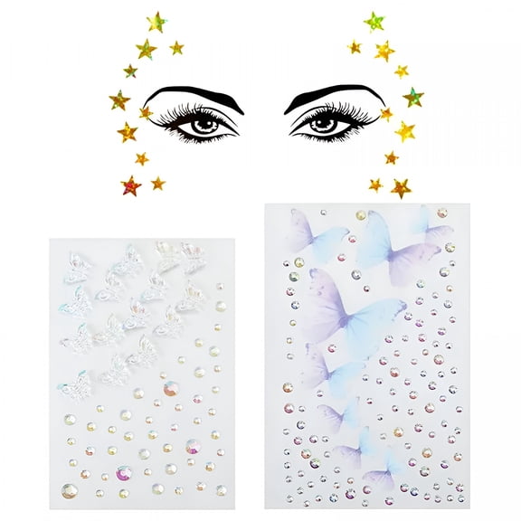 TUWAFE 5Pcs Gold Star Butterfly Water Drop Face Rhinestone Stickers for Party