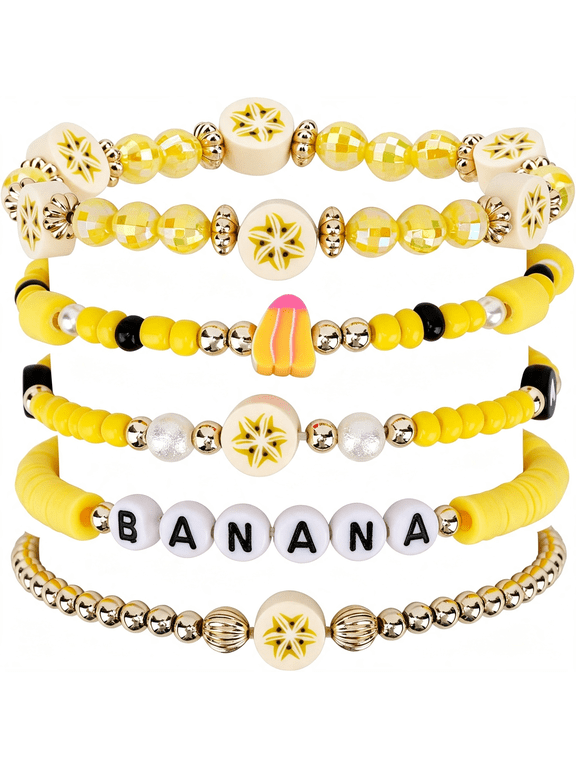5Pcs Banana Bracelets, Cute Clay Bead Banana Friendship Bracelet Set Stackable Stretch Fruit Friendship Jewelry for Women Party Gifts Accessories Stuff Summer Beach Trips Or Daily Wear