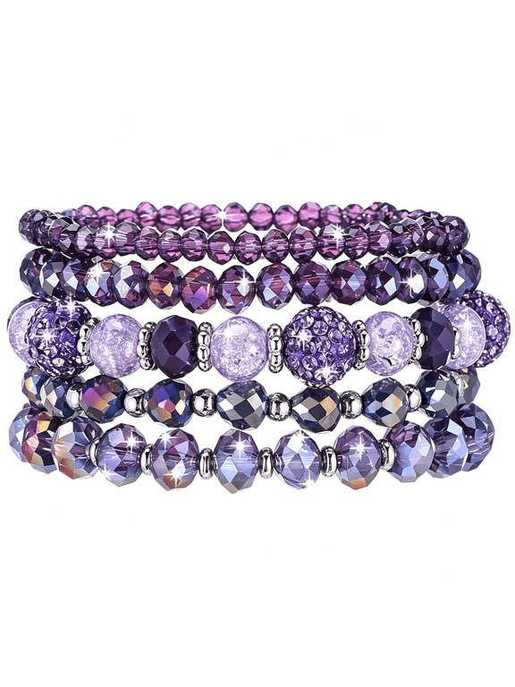 5Pcs Beaded Bracelets for Women,Bohemian Glass Faceted Crystal Beads Bracelet,Stackable Boho Disco Ball Stretch Bracelets,Multilayered Purple Jewelry Gift for Women,Mother'S Day
