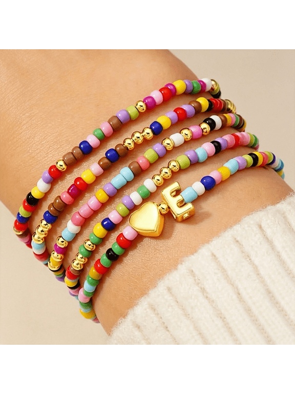 5Pcs Colorful Beaded Bracelets for Girls Kid,Initial A-Z Bracelet,Girls Bracelets,Heart Initial Bracelet,Stretch Stackable Bracelets for Girls Jewelry Set,Birthday Gifts for Kids Teen Girl