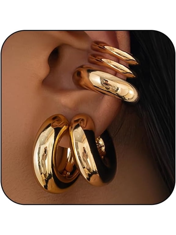 5Pcs Ear Cuff Earrings Statement Gold Round Huggie Hoop,Chunky Big Silver Clip on Non Piercing Cuff Earring for Women Charm Thick Trendy Party Jewelry Gift