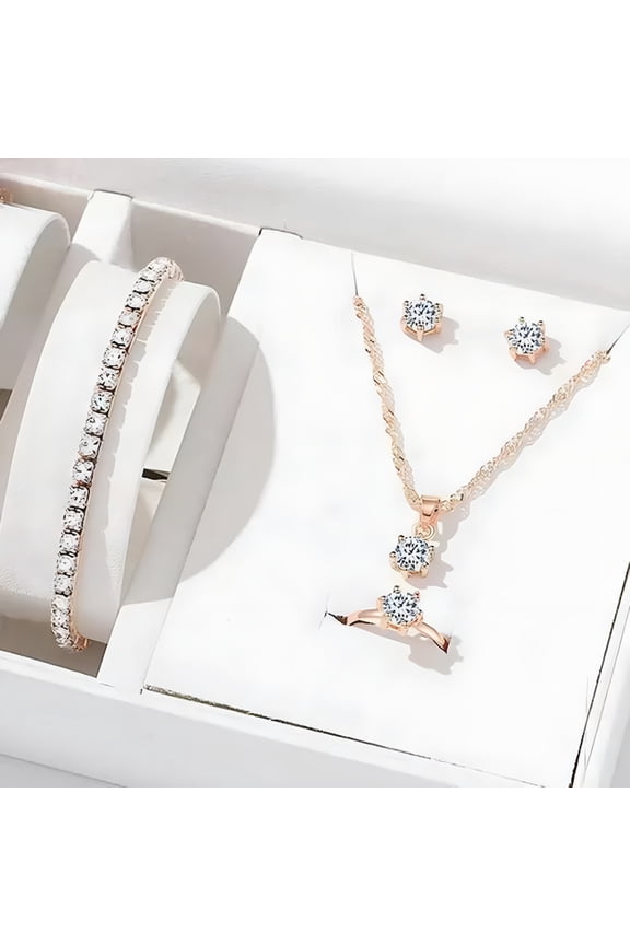 5Pcs Elegant Crystal Jewelry Sets For Women Necklace Earrings Ring Bracelet