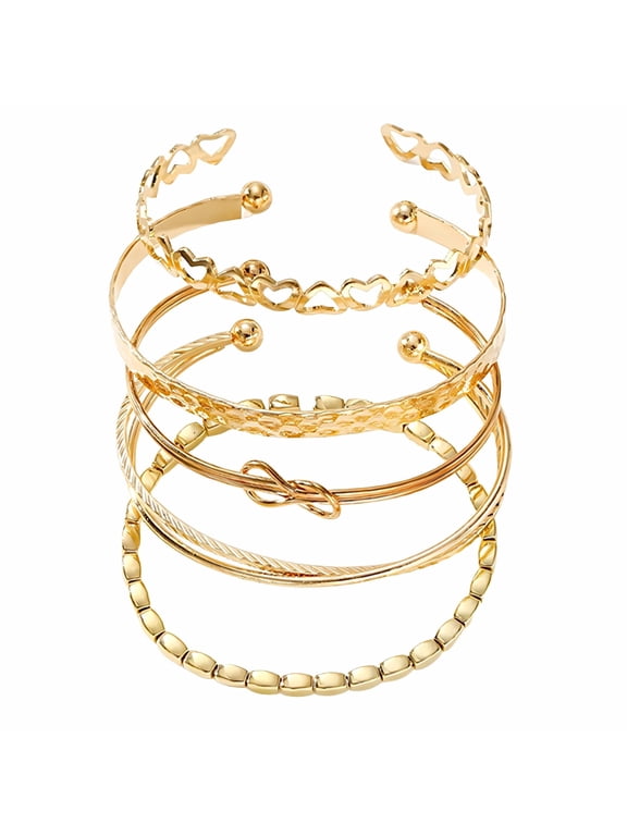 5Pcs Gold Bangles for Women Flexible Stacking Gold Cuff Bracelet Opening Design Gold Cuff Bracelets for Women Girlfriend Gifts Gold