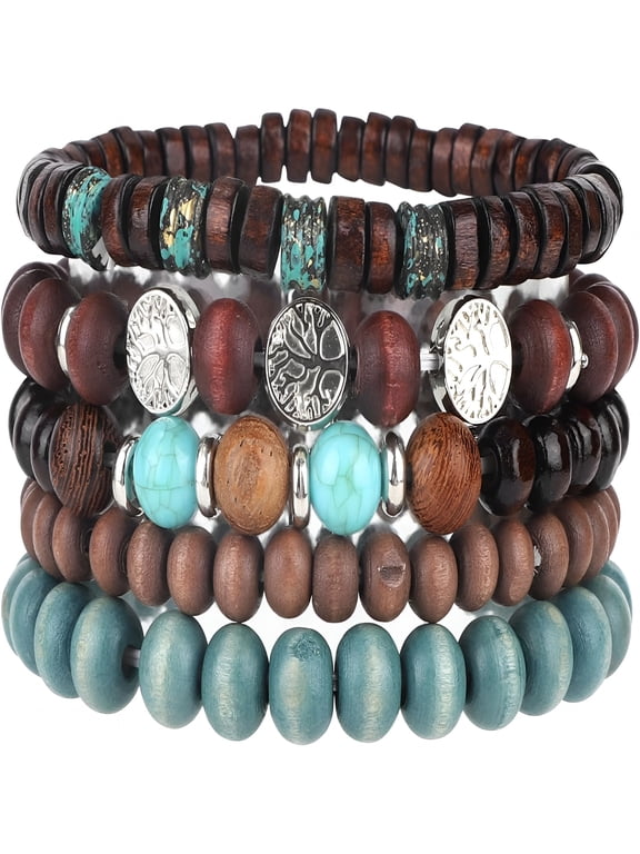 5Pcs Life Tree Beaded Bracelets for Women,Multilayer Boho Bracelets Stackable Handmade Wood & Alloy Bead Elastic Bracelet Jewelry Gifts for Women Men