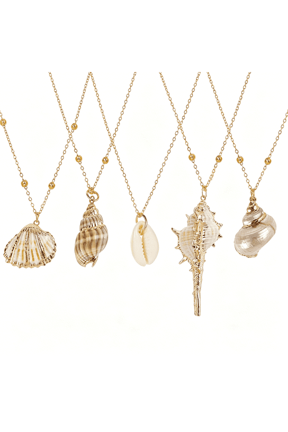 5Pcs Natural Scallop Conch Seashell Necklace Inlaid with Gold Rimmed Sea Shell Necklace Adjustable Seashell Jewelry for Women