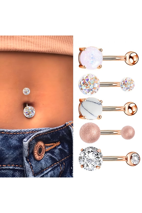 5Pcs Rose Gold Belly Button Rings Set,Short Opal and Turquoise Navel Rings Body Piercing Jewelry Stainless Steel Belly Piercing Set for Women Fashion Accessories 2025