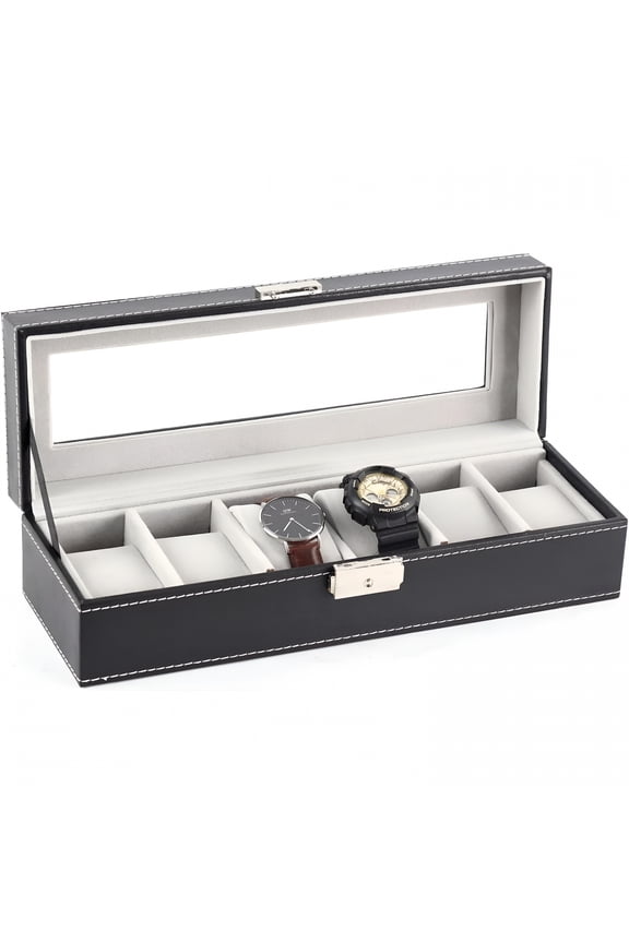 6-Compartment Men'S Watch Box,Black Watch Display Stand,Dustproof Storage Box with Glass Lid,Jewelry Storage Box