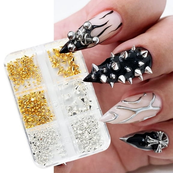 DESIGNICE 6 Grid/Box Punk Mini Metal Rivet Nail Charm Gold Silver Nail Charms for Acrylic Nails Cone Nail Art Studs Alloy Spike Studs Nail Jewels Nail Rivets Nail Stud Cone Spikes Nail Art Charms