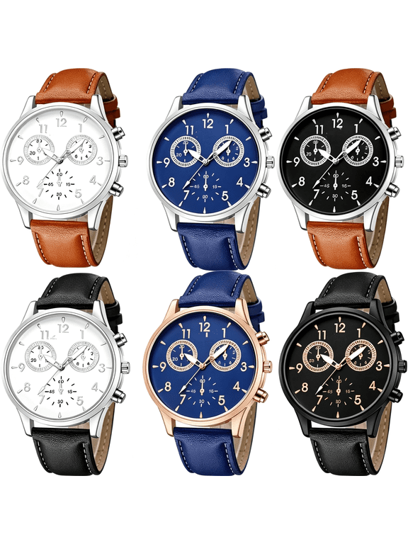 6 Pack Men'S Leather Quartz Watch Casual Dress Wrist Band Watches Wholesale Lots Set Classic Analog Watch