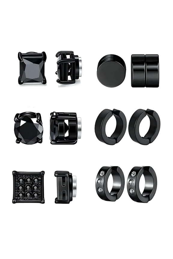 6 Pair Magnetic Stud Earrings for Men Women Stainless Steel Non Pierced Fake Set - Black 8mm