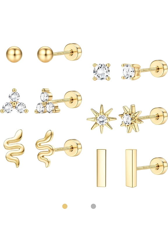 6 Pairs Dainty Hypoallergenic Flat Back Stud Earrings for Women Trendy | 14K Gold Filled Cartilage Earring Helix Piercing Jewelry | Small Surgical Stainless Steel Earring Sets 20G