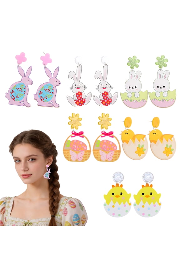 6 Pairs Earring Set,Vibrant and Adorable Easter Earrings,Cracked Egg Chick & Bunny Earrings for Women,Drop Earrings Festive Jewelry Gift for Easter and Spring Outfits