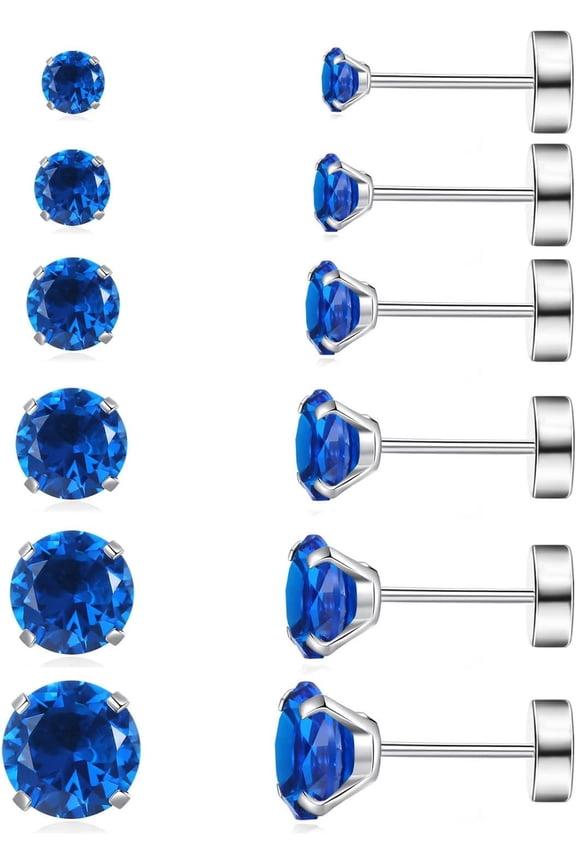6 Pairs Hypoallergenic Surgical Steel Threaded Ear Studs for Cartilage,Helix,Lobe | Cubic Zirconia Flat Back Earrings for Women | Minimalist Everyday Jewelry Gifts