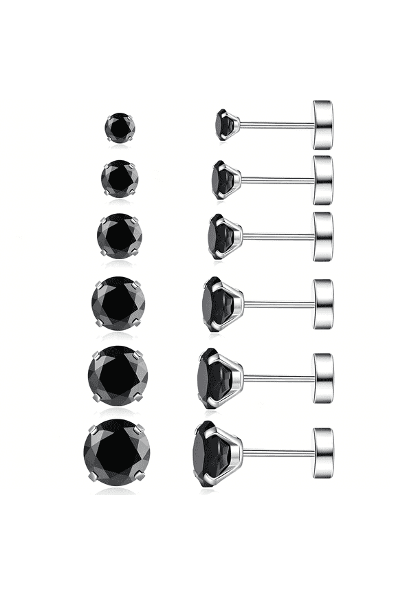6 Pairs Hypoallergenic Surgical Steel Threaded Ear Studs for Cartilage,Lobe | Cubic Zirconia Flat Back Earrings for Women | Minimalist Everyday Jewelry Gifts