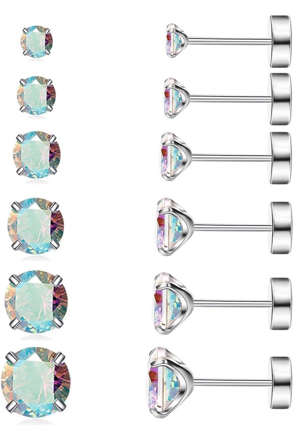 6 Pairs Hypoallergenic Surgical Steel Threaded Ear Studs for Cartilage,Lobe | Cubic Zirconia Flat Back Earrings for Women | Minimalist Everyday Jewelry Gifts