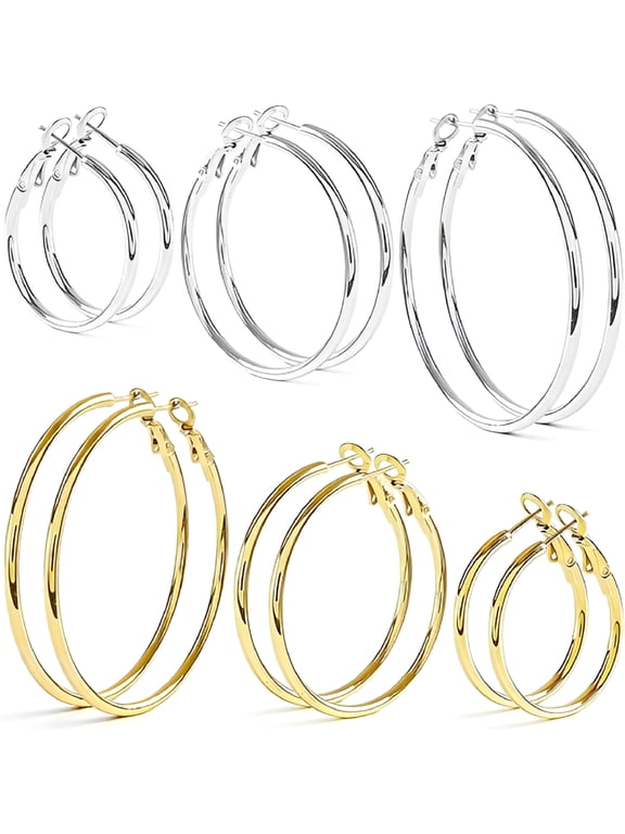 6 Pairs Silver Gold Hoop Earrings for Women 14K Gold Plated 316 Stainless Steel,Hypoallergenic Lightweight 20/30/40/50/60/70Mm Hoops Set