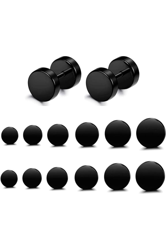 6 Pairs Stainless Steel Black Stud Earrings for Men Women Faux Gauges Ear Tunnel Fake Gauge Earrings 3-8Mm
